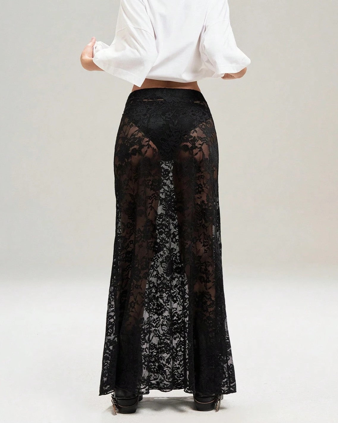 Sheer Lace High Waist Maxi Skirt - Black