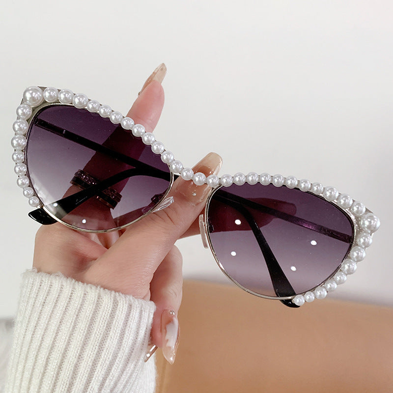 Pearl Embellished Cat Eye Sunglasses - Grey