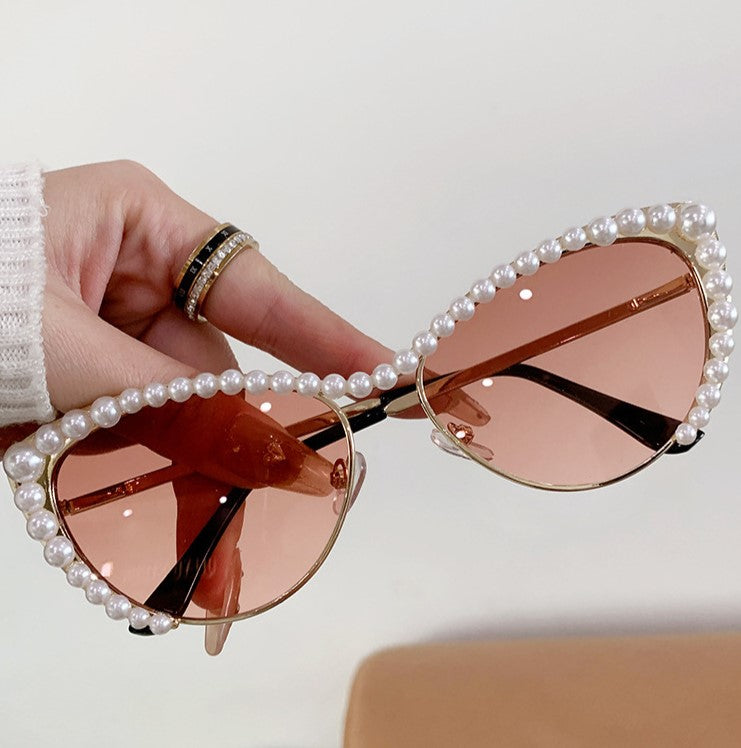 Pearl Embellished Cat Eye Sunglasses - Red
