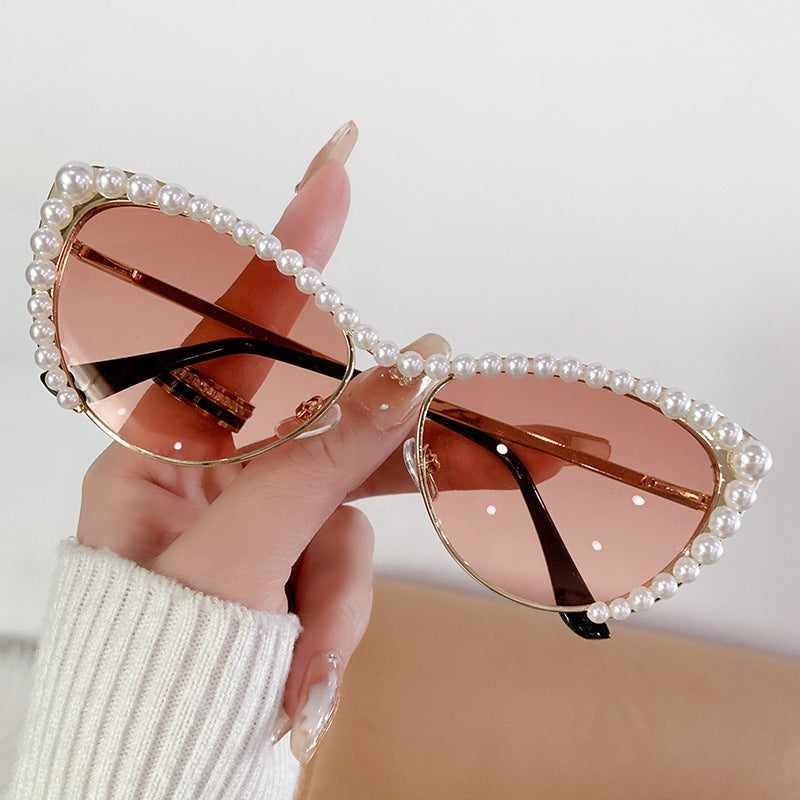 Pearl Embellished Cat Eye Sunglasses - Red - 1