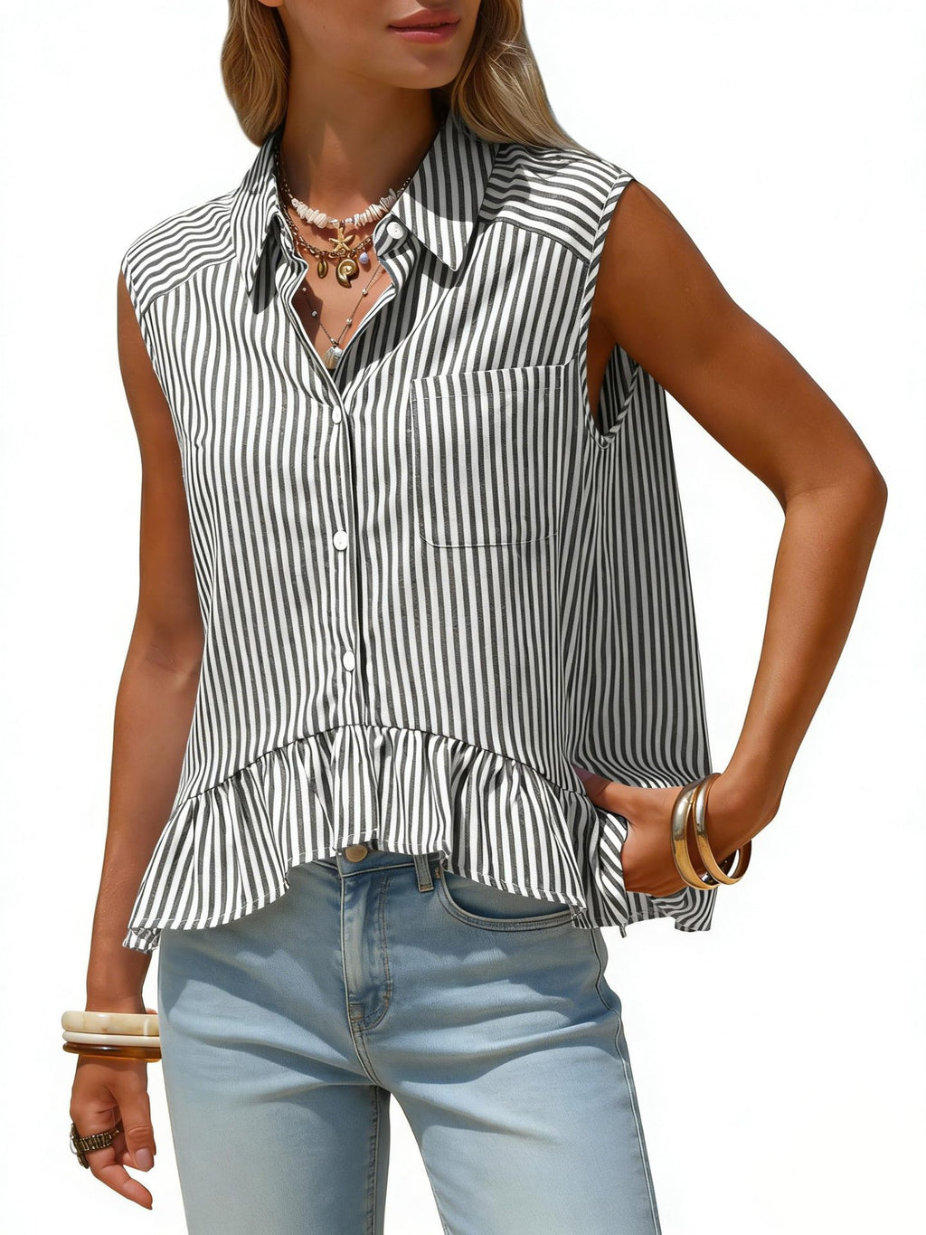 Sleeveless Striped Ruffle Hem Peplum Blouse - Black