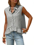 Sleeveless Striped Ruffle Hem Peplum Blouse - Black