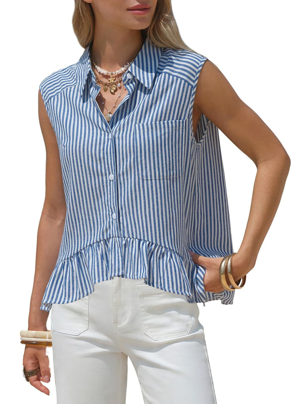 Sleeveless Striped Ruffle Hem Peplum Blouse - Blue