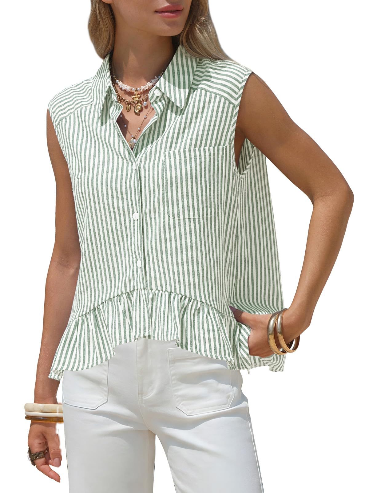 Sleeveless Striped Ruffle Hem Peplum Blouse - Green