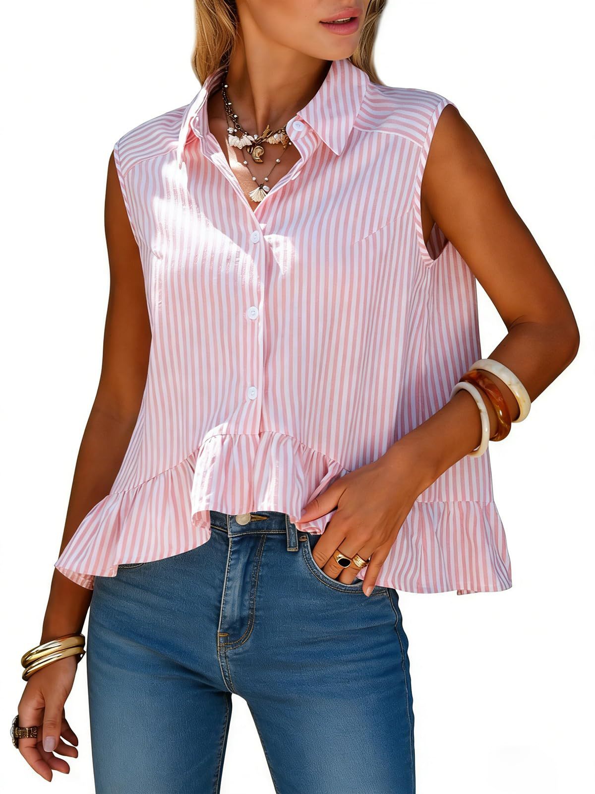 Sleeveless Striped Ruffle Hem Peplum Blouse - Pink