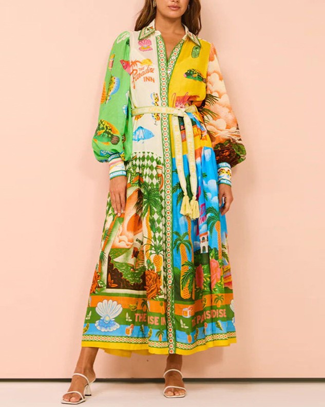 Belted Scenic Print Maxi Shirt Dress - Color