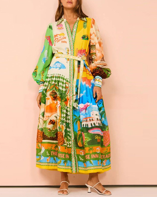 Belted Scenic Print Maxi Shirt Dress - Color - 1