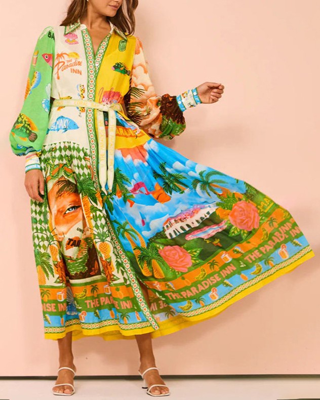 Belted Scenic Print Maxi Shirt Dress - Color - 2