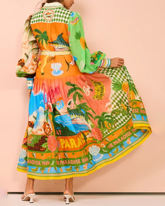 Belted Scenic Print Maxi Shirt Dress - Color - 3