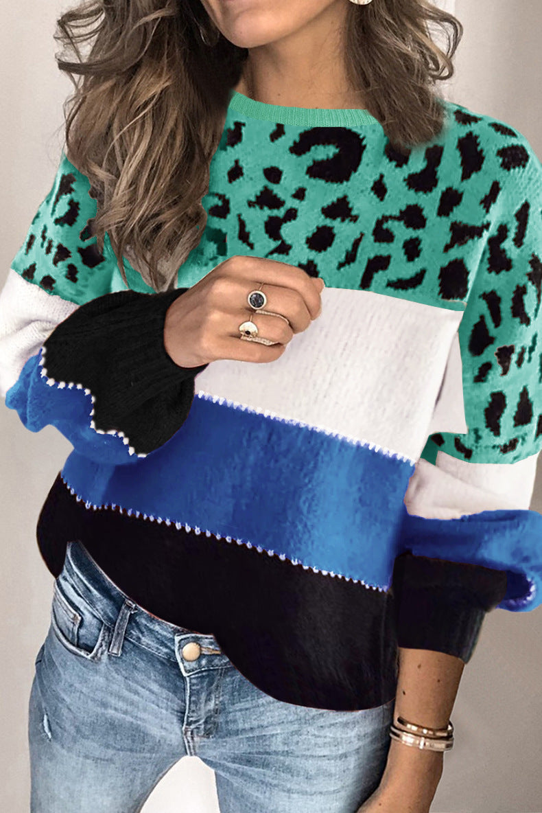 Leopard Colorblock Crewneck Pullover Sweater - Blue