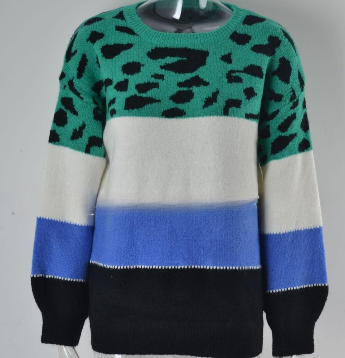 Leopard Colorblock Crewneck Pullover Sweater - Blue - 1