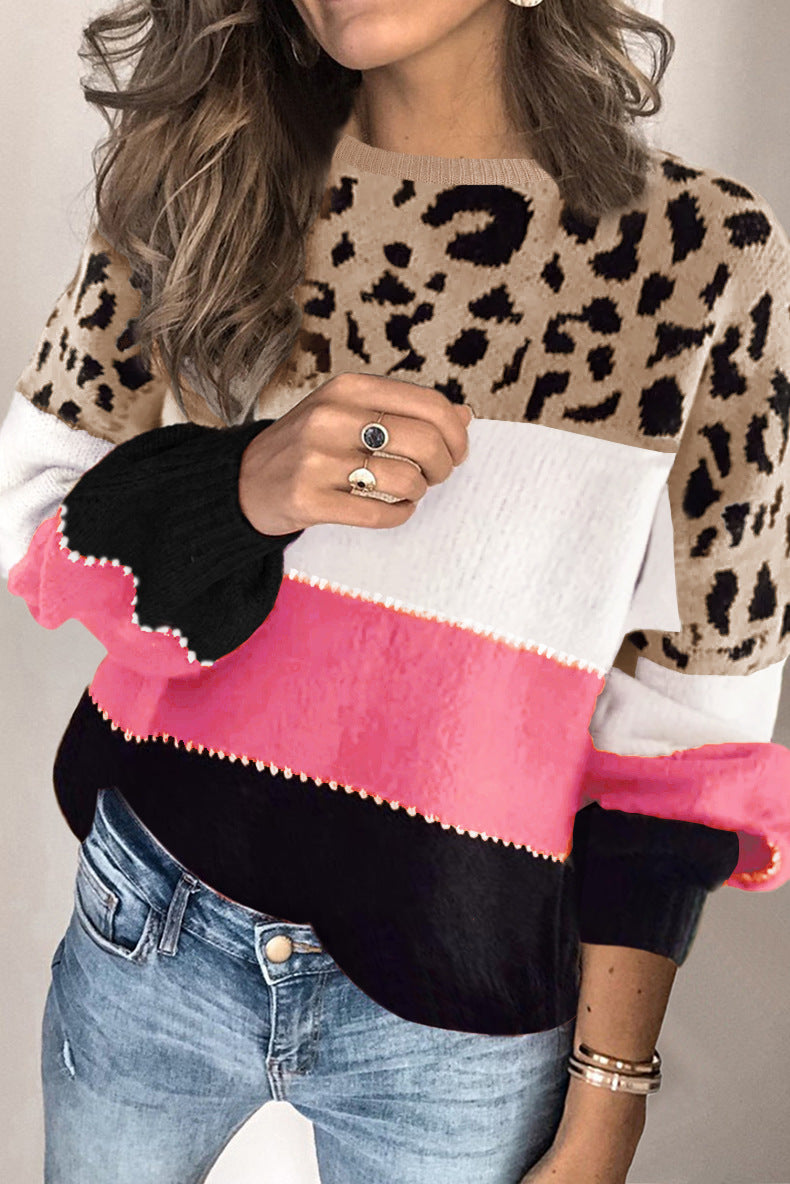 Leopard Colorblock Crewneck Pullover Sweater - Pink