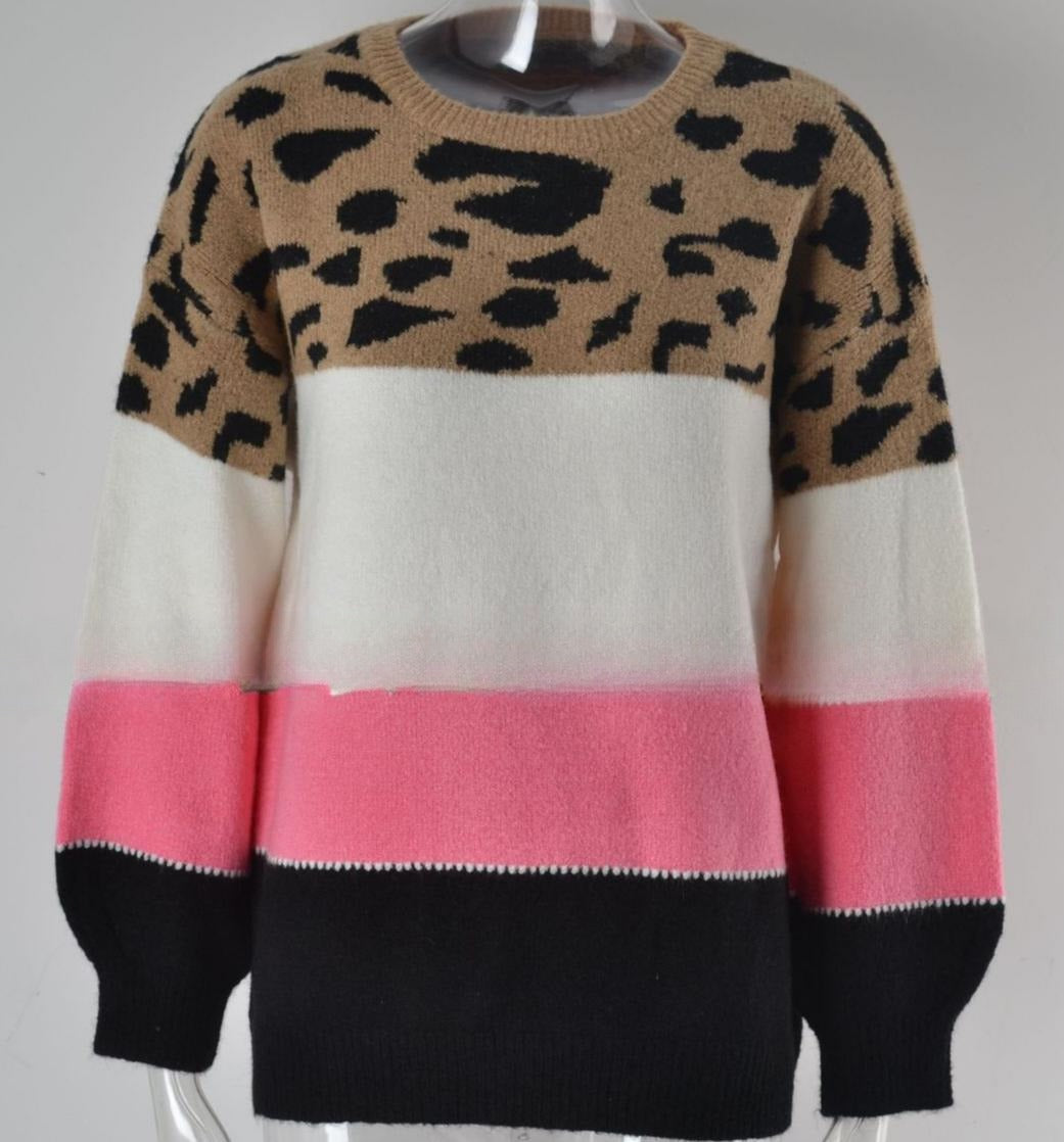 Leopard Colorblock Crewneck Pullover Sweater - Pink - 1