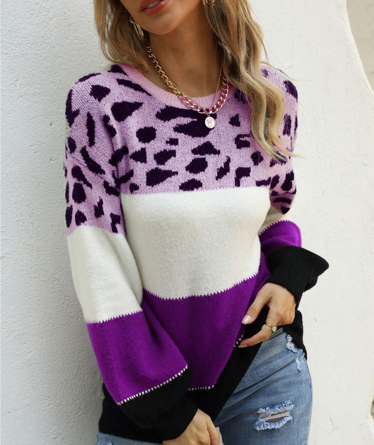 Leopard Colorblock Crewneck Pullover Sweater - Purple