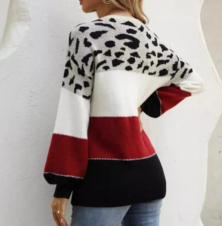 Leopard Colorblock Crewneck Pullover Sweater - Red - 1