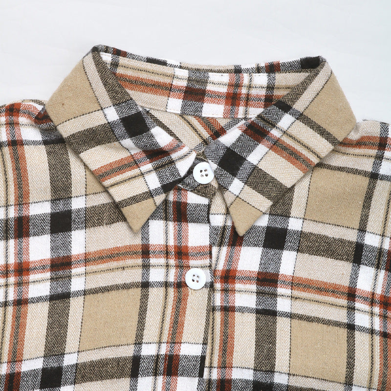 Plaid Flannel Shirt and Skirt Set - Khaki - 2