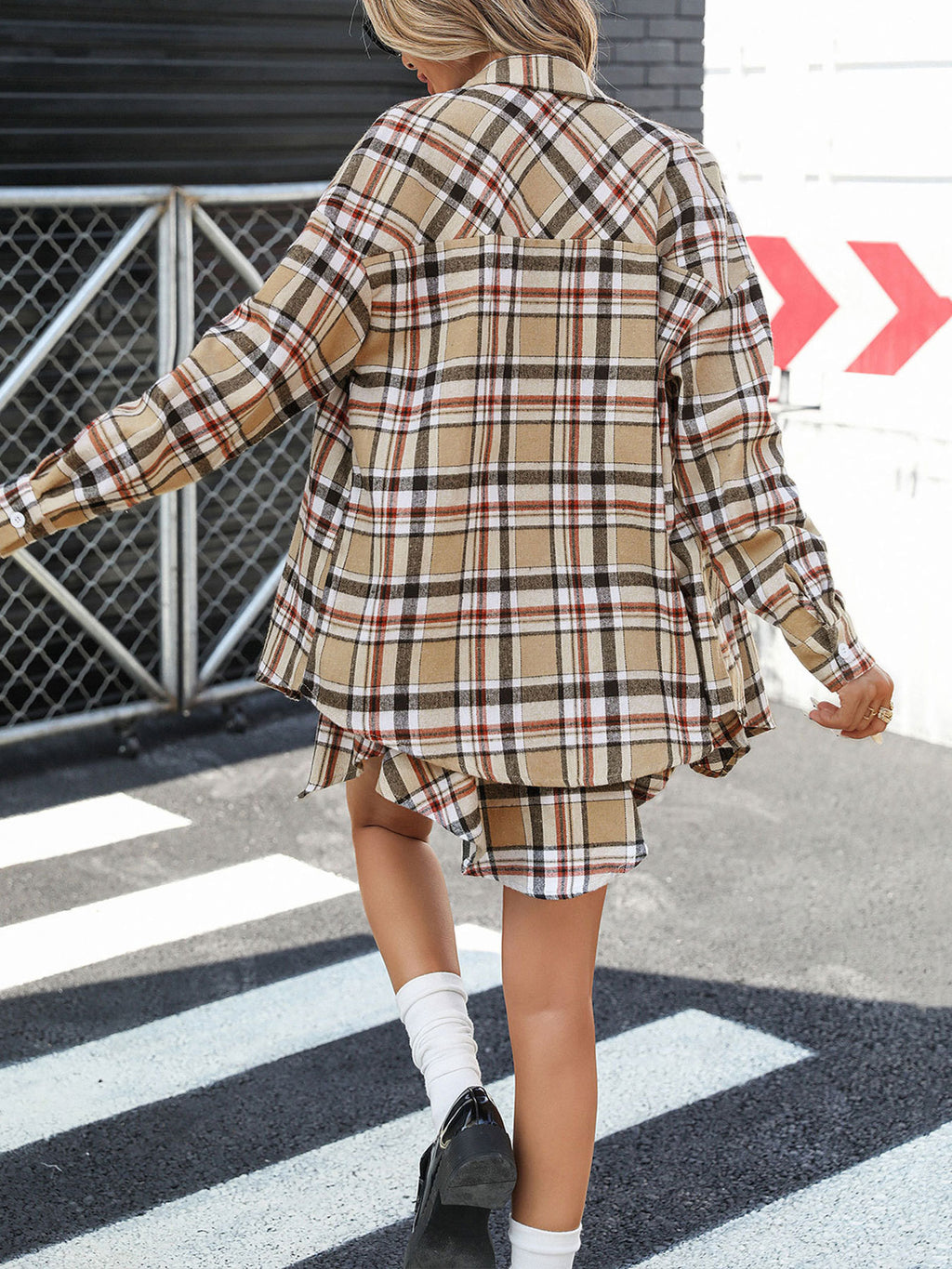 Plaid Flannel Shirt and Skirt Set - Khaki - 4