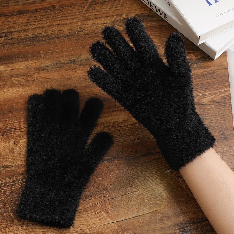 Fuzzy Faux Fur Knit Gloves - Black