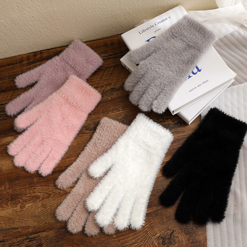 Fuzzy Faux Fur Knit Gloves - Black - 1