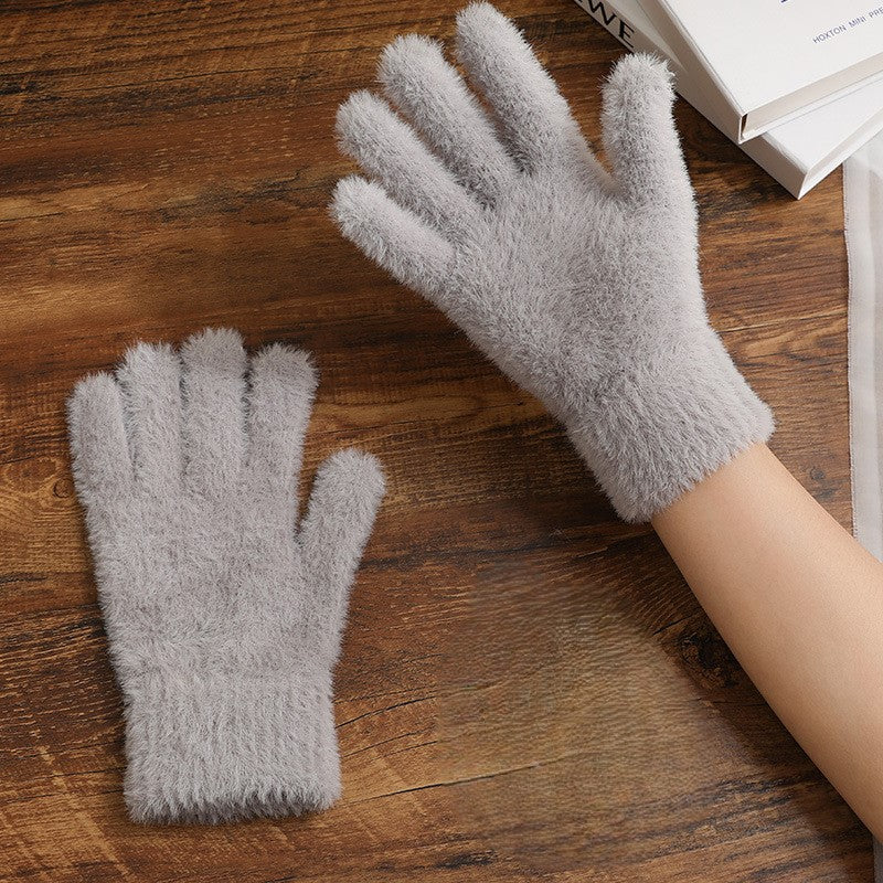 Fuzzy Faux Fur Knit Gloves - Grey
