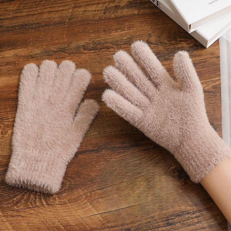Fuzzy Faux Fur Knit Gloves - Khaki