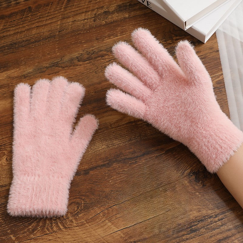 Fuzzy Faux Fur Knit Gloves - Pink