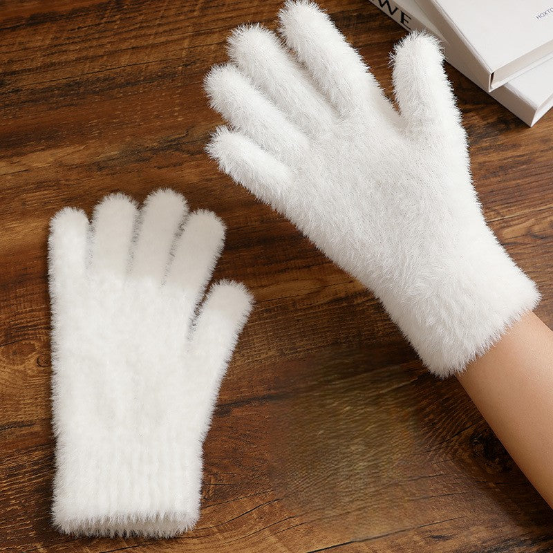 Fuzzy Faux Fur Knit Gloves - White