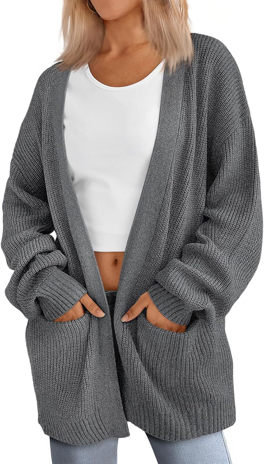 Oversized Open Front Pocket Knit Cardigan - Darkgrey