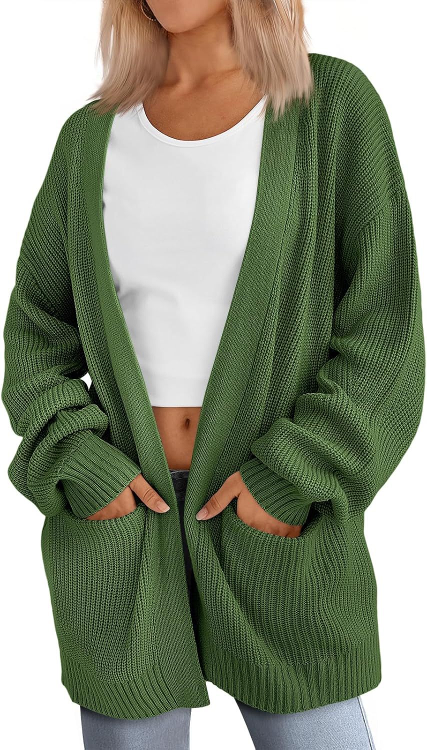 Oversized Open Front Pocket Knit Cardigan - Green