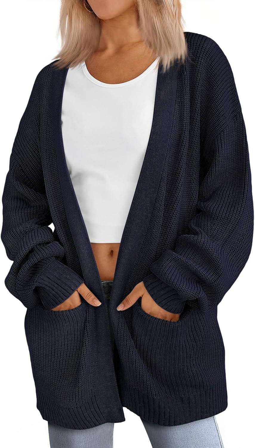 Oversized Open Front Pocket Knit Cardigan - Navyblue