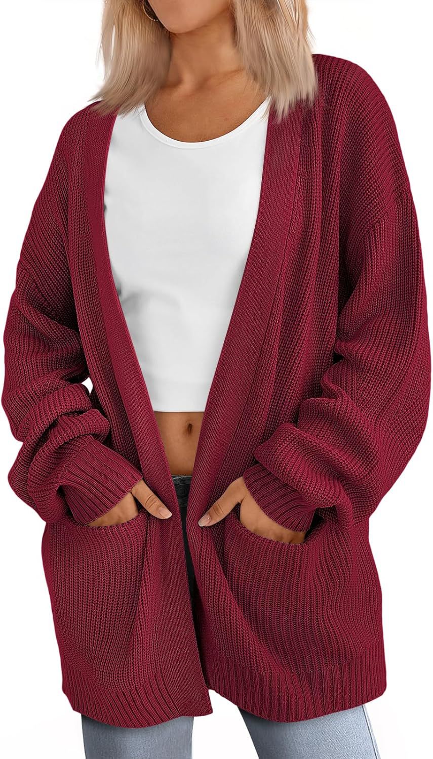 Oversized Open Front Pocket Knit Cardigan - Red