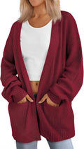 Oversized Open Front Pocket Knit Cardigan - Red
