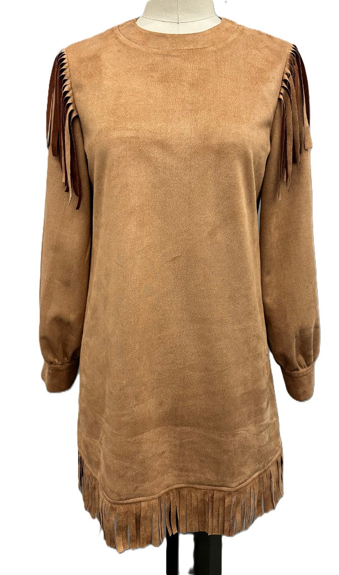 Faux Suede Fringe Trim Shift Dress - Brown
