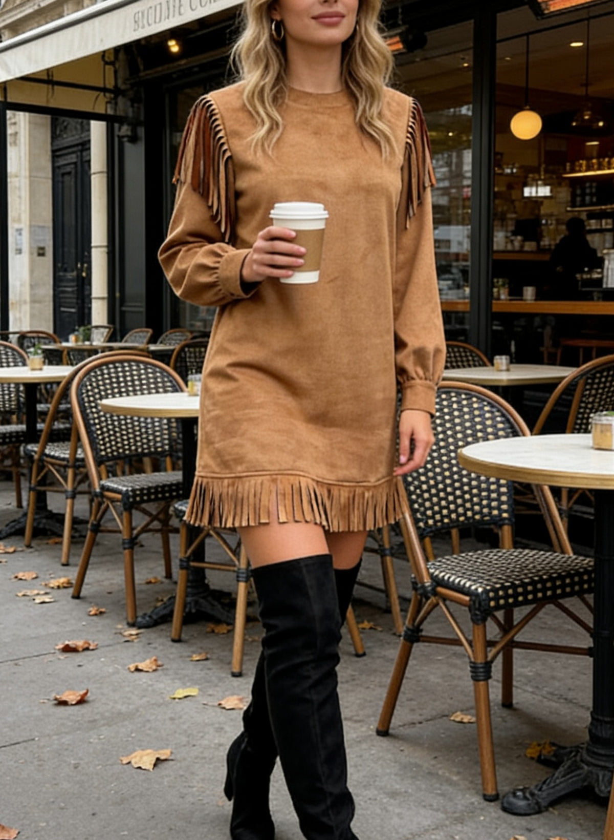 Faux Suede Fringe Trim Shift Dress