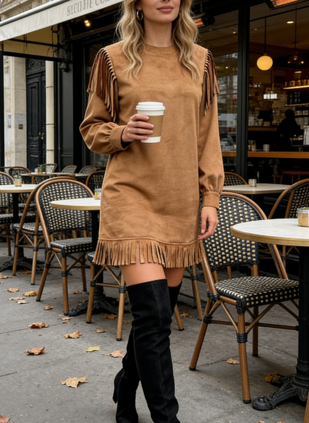 Faux Suede Fringe Trim Shift Dress - view 1