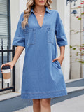 Split Neck Denim Shift Dress - Blue