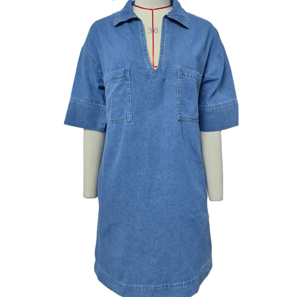 Split Neck Denim Shift Dress - Blue - 1