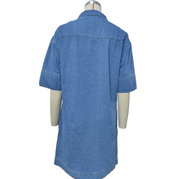 Split Neck Denim Shift Dress - Blue - 2