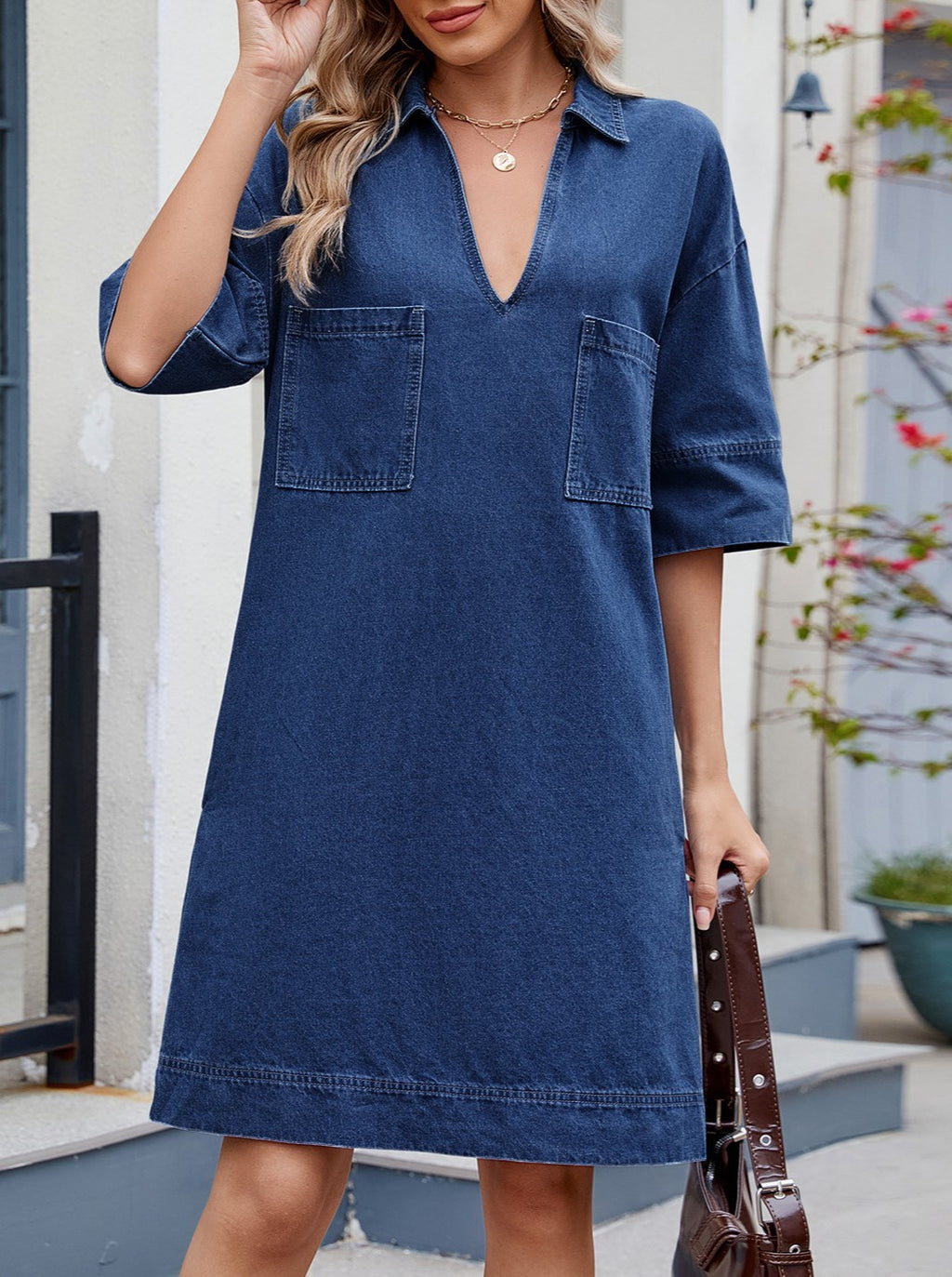Split Neck Denim Shift Dress - Darkblue - 1