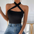 Crossover Halter Ribbed Knit Top - Black