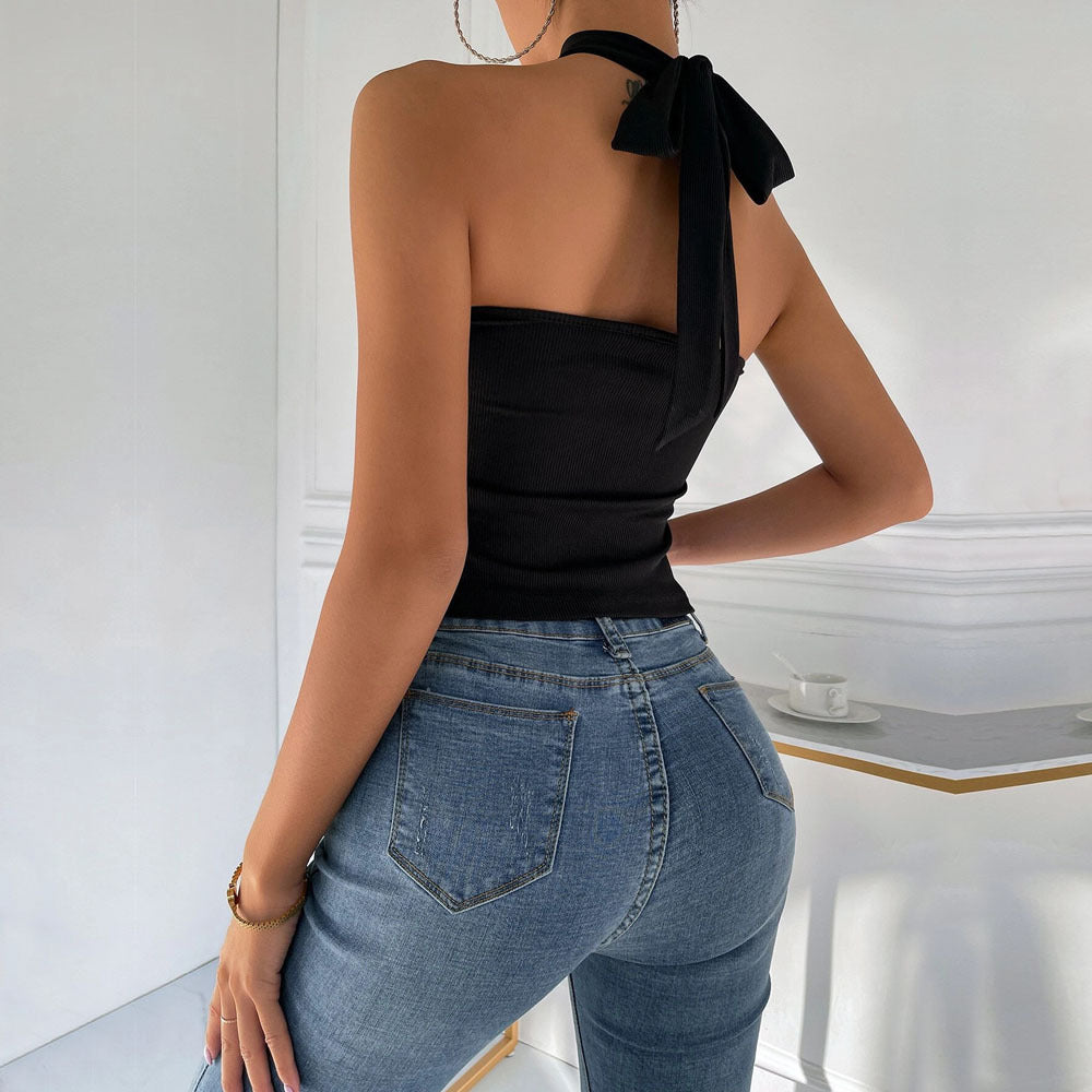 Crossover Halter Ribbed Knit Top - Black - 3
