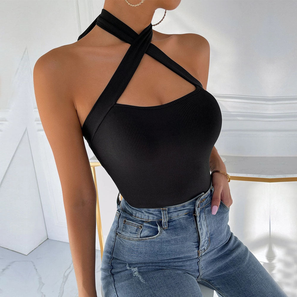 Crossover Halter Ribbed Knit Top - Black - 4