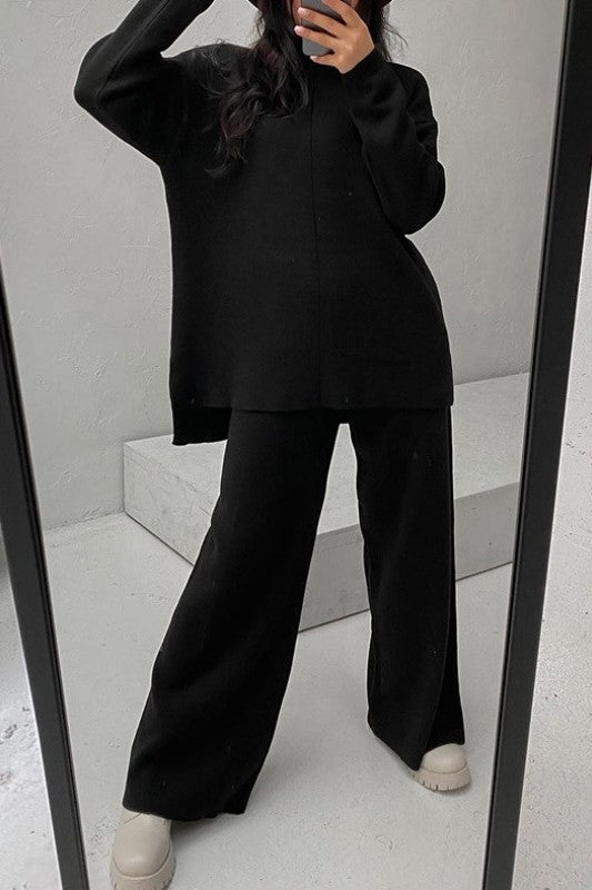 Funnel Neck Knit Top And Wide Leg Set - Black