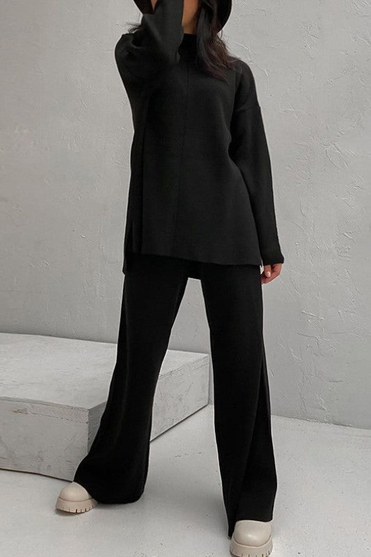 Funnel Neck Knit Top And Wide Leg Set - Black - 1