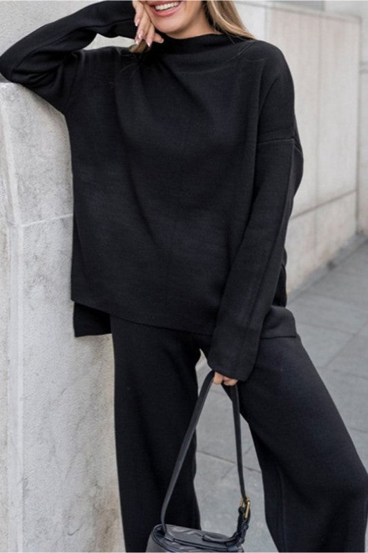 Funnel Neck Knit Top And Wide Leg Set - Black - 2