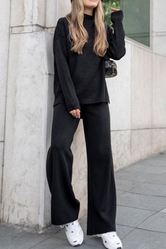 Funnel Neck Knit Top And Wide Leg Set - Black - 3