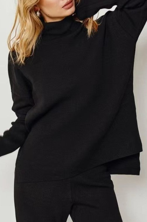 Funnel Neck Knit Top And Wide Leg Set - Black - 4