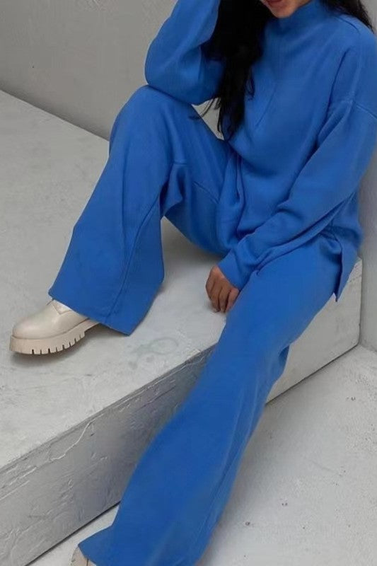 Funnel Neck Knit Top And Wide Leg Set - Blue