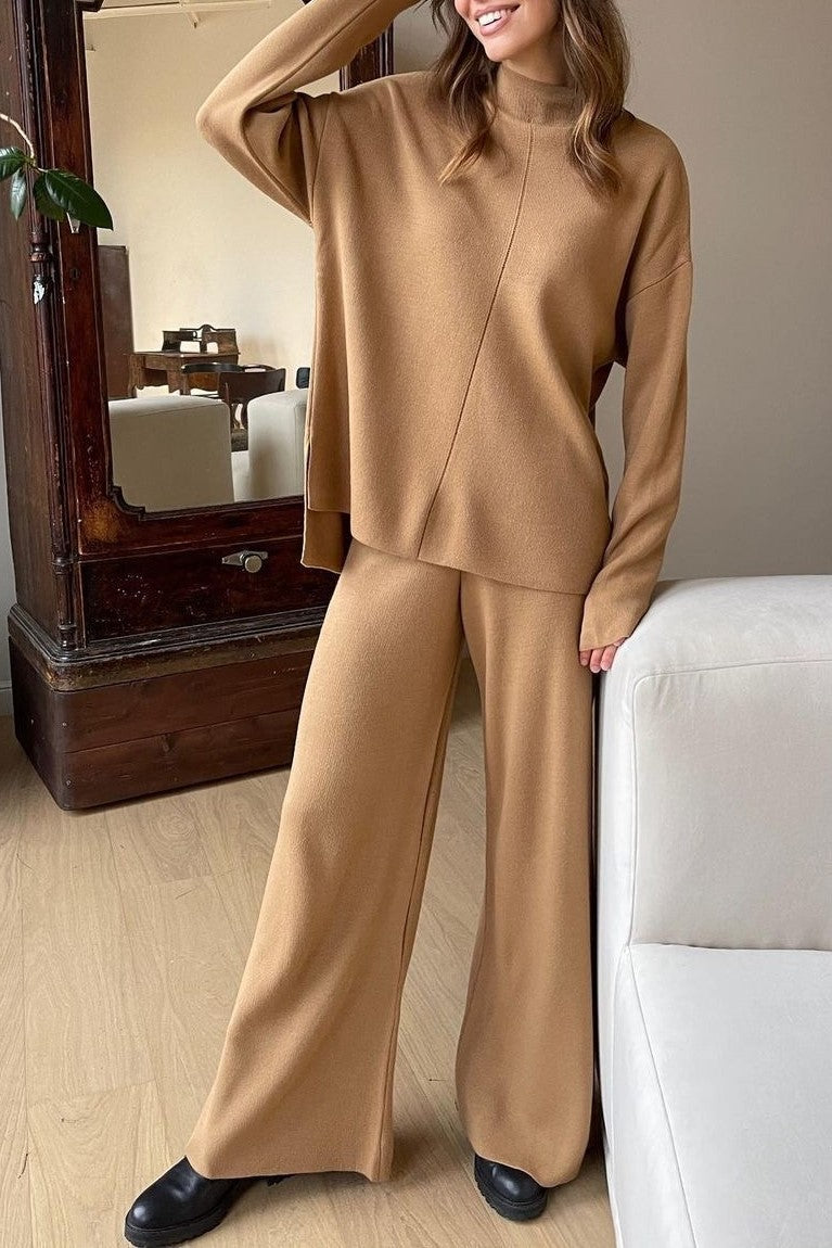 Funnel Neck Knit Top And Wide Leg Set - Camel