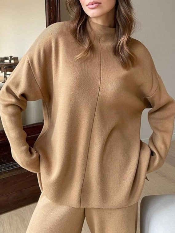 Funnel Neck Knit Top And Wide Leg Set - Camel - 1